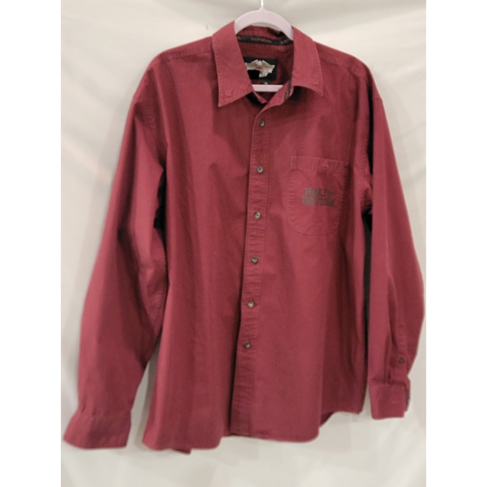 Harley-Davidson Mens XL Burgundy Cotton Long Sleeve Button Down Shirt Back Logo